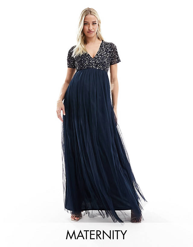 Maya Maternity - bridesmaid short sleeve maxi tulle dress with tonal delicate sequins in navy