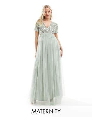 Bridesmaid short sleeve maxi tulle dress with tonal delicate sequins in sage green