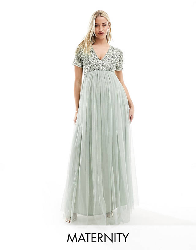 Maya Maternity - bridesmaid short sleeve maxi tulle dress with tonal delicate sequins in sage green