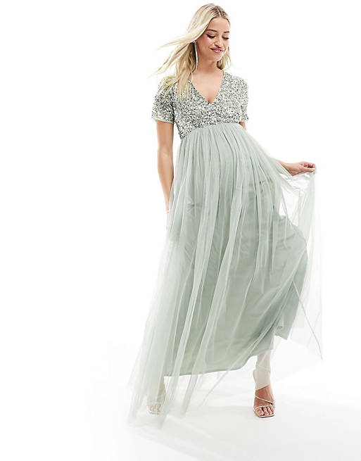 Designer Brands Maya Maternity Bridesmaid short sleeve maxi tulle dress with tonal delicate sequins in sage green 