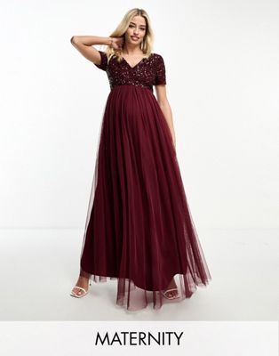 Maya Maternity Bridesmaid short sleeve maxi tulle dress with tonal delicate sequins in wine