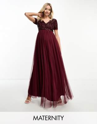 Bridesmaid short sleeve maxi tulle dress with tonal delicate sequins in wine-Red