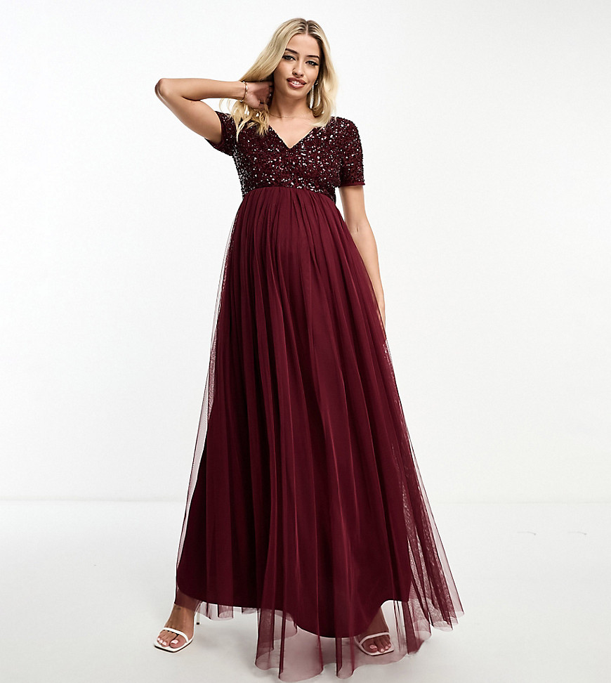 Bridesmaid short sleeve maxi tulle dress with tonal delicate sequins in wine-Red