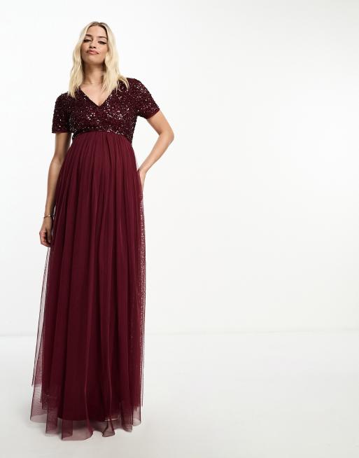 Maya Maternity Bridesmaid short sleeve maxi tulle dress with tonal