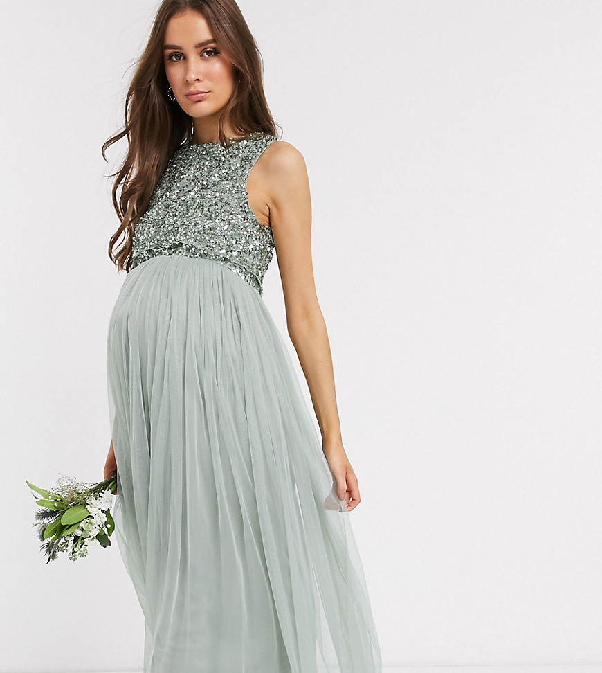 Maya Maternity Bridesmaid sleeveless midaxi tulle dress with tonal delicate sequin overlay in sage green
