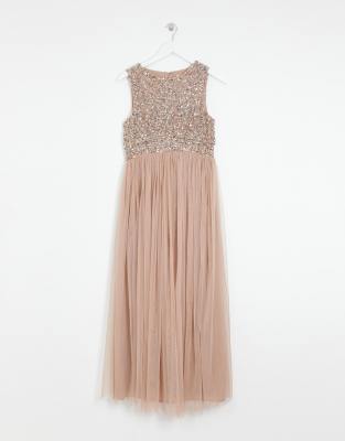 maya bridesmaid sleeveless midaxi tulle dress with tonal delicate sequin overlay in taupe blush