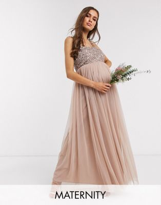 MAYA MATERNITY BRIDESMAID SLEEVELESS SQUARE NECK MAXI TULLE DRESS WITH TONAL DELICATE SEQUIN OVERLAY IN TAUPE BLUSH,PL1-05-658