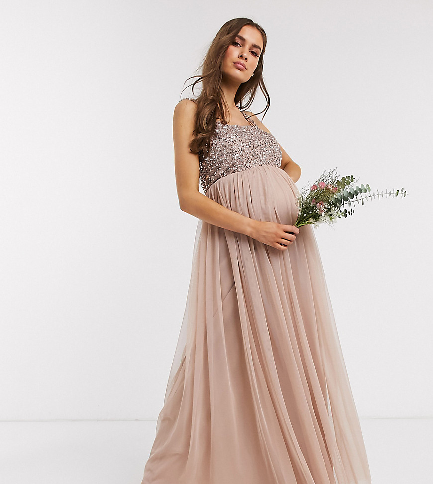 Maya Maternity Bridesmaid sleeveless square neck maxi tulle dress with tonal delicate sequin overlay in taupe blush-Brown
