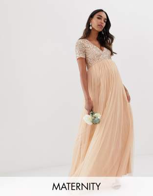 Maya Maternity Bridesmaid V neck maxi dress with delicate sequin in soft peach-Pink