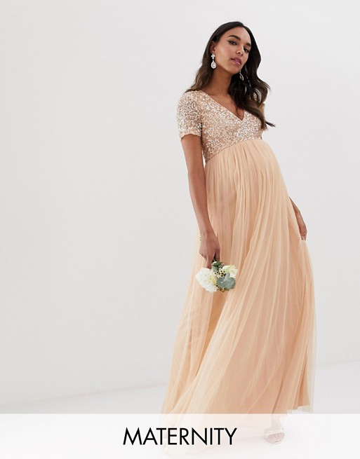 Maya Maternity Bridesmaid V neck maxi dress with delicate sequin in soft peach