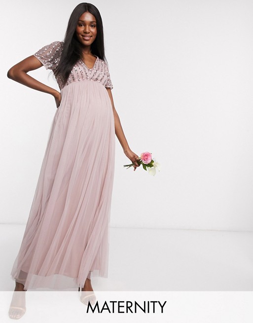 Maya Maternity Bridesmaid v neck maxi dress with tonal delicate sequin in pink