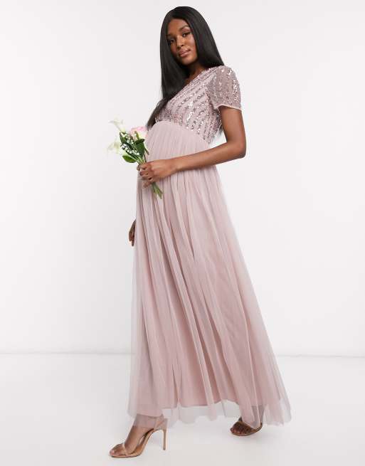 Maya Maternity Bridesmaid v neck maxi dress with tonal delicate sequin in  pink | ASOS