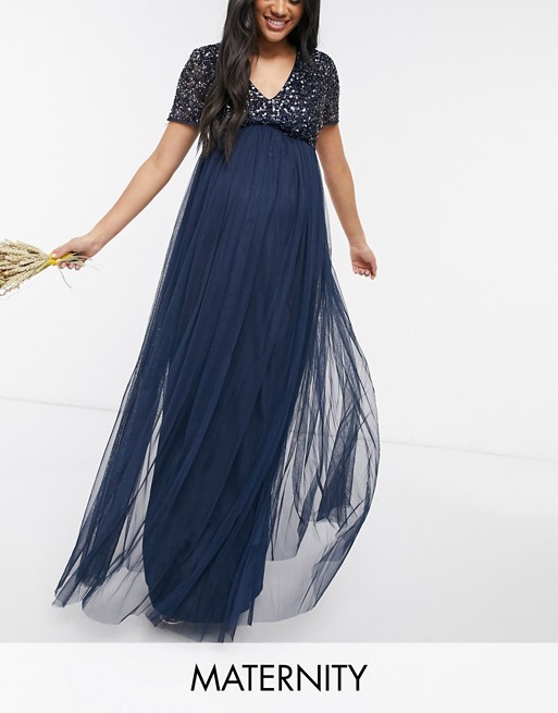 Maya Maternity Bridesmaid v neck maxi tulle dress with tonal delicate sequin in navy