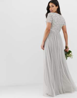 maya v neck short sleeve sequin maxi dress