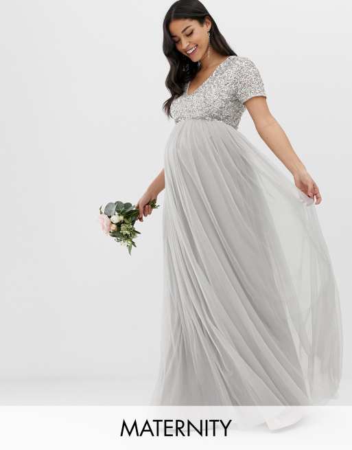  Maya  Maternity Bridesmaid  v neck maxi tulle dress  with 