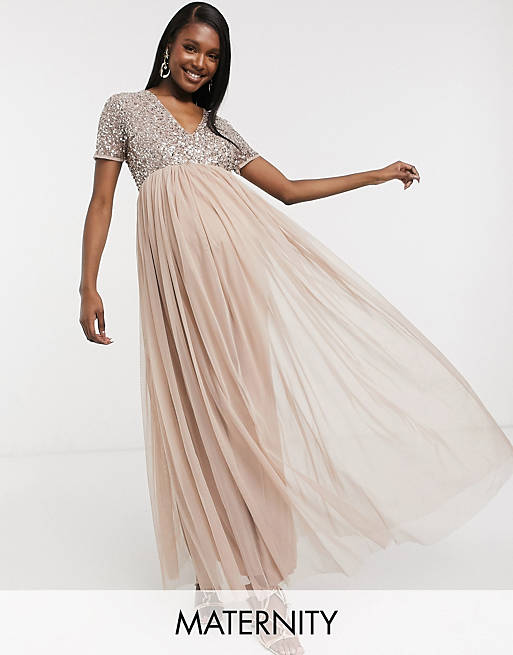 Maya Maternity Bridesmaid v neck maxi tulle dress with tonal delicate sequins in taupe blush