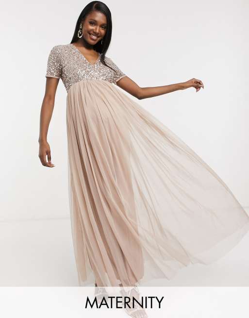 Maya bridesmaid v neck maxi tulle dress with on sale tonal delicate sequins