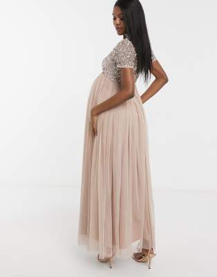 maya bridesmaid v neck maxi tulle dress with tonal delicate sequins