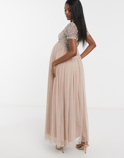 Maya Maternity Bridesmaid v neck maxi tulle dress with tonal delicate  sequins in taupe blush | ASOS