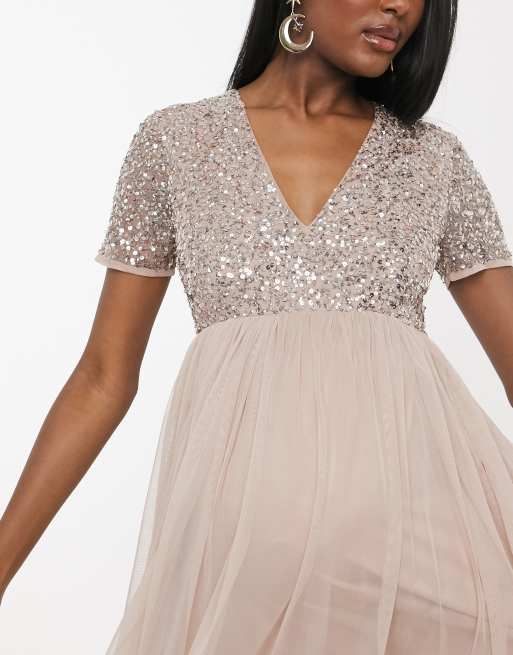 Maya bridesmaid v neck maxi tulle dress deals with tonal delicate sequins in taupe blush