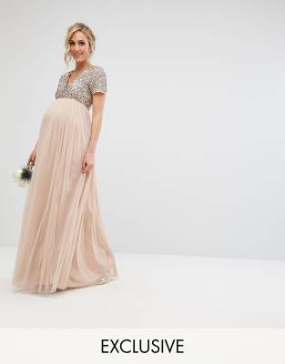 maternity v neck maxi tulle dress with tonal delicate sequins