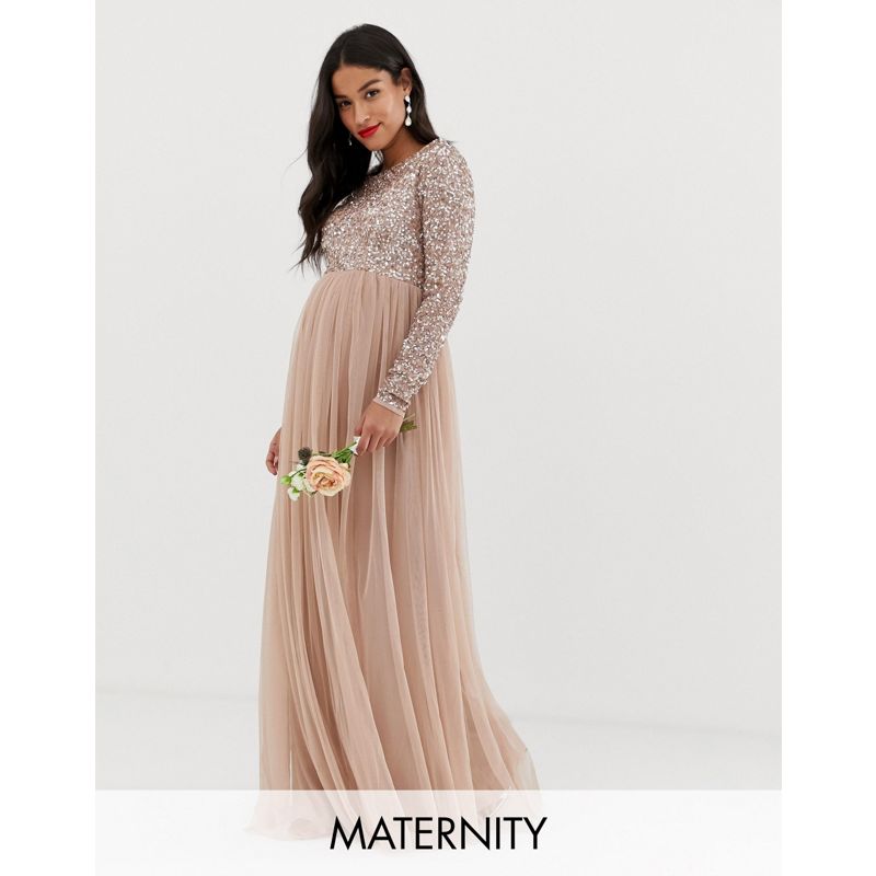 yN7RV  Maya Maternity - Bridesmaid - Vestito lungo color talpa rosato con paillettes delicate, gonna in tulle e maniche lunghe