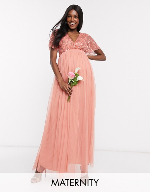 Maya Maternity Bridesmaid wrap front delicate sequin maxi dress with tulle skirt in coral