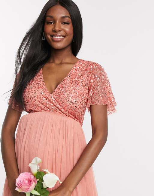 Maya Maternity Bridesmaid wrap front delicate sequin maxi dress with tulle skirt in coral