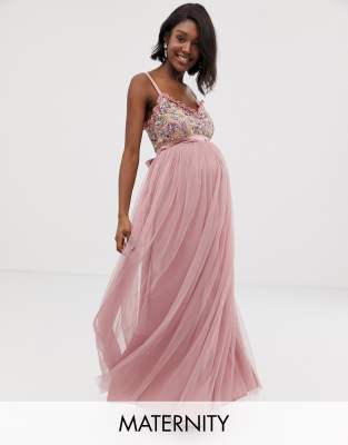 Maya Maternity cami strap contrast embellished top tulle detail maxi dress-Pink