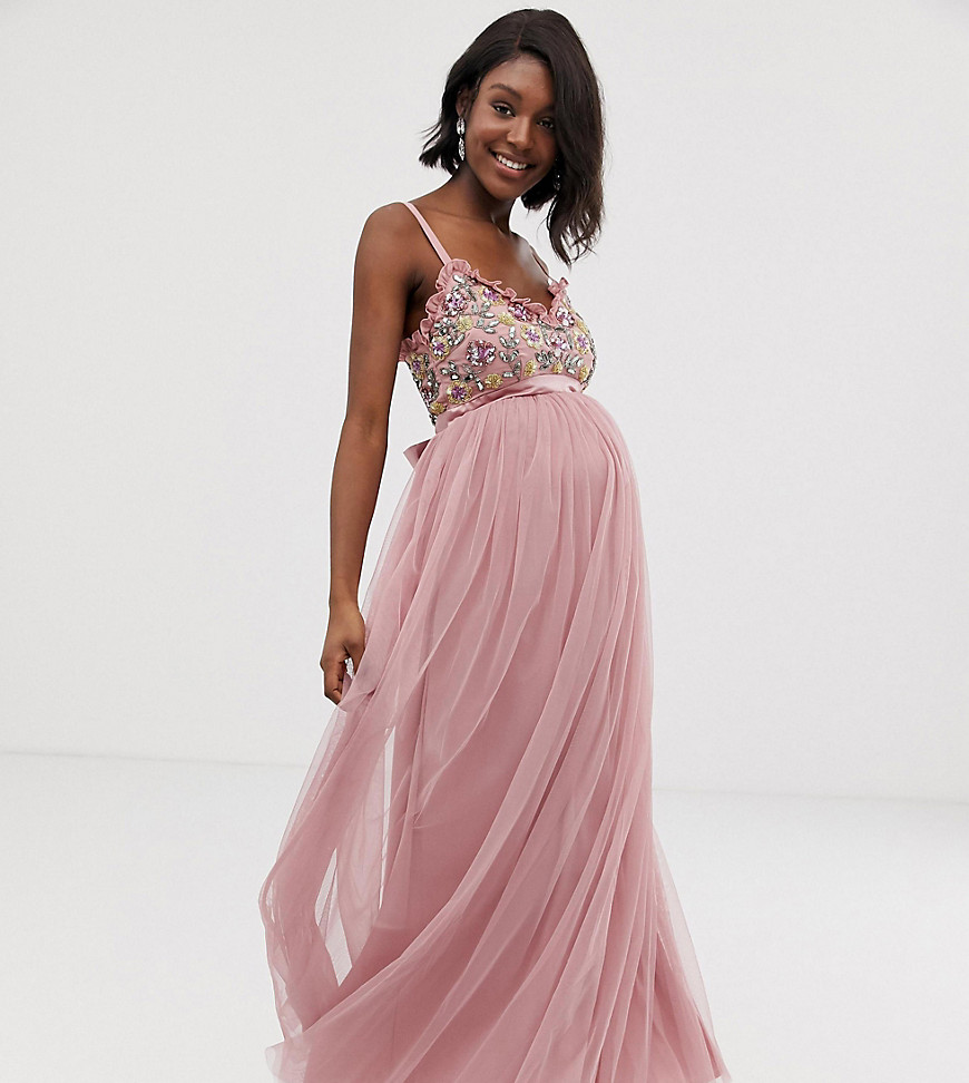 Maya Maternity cami strap contrast embellished top tulle detail maxi dress-Pink