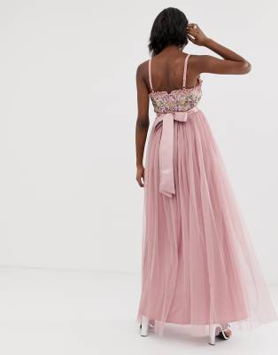maya cami strap contrast embellished top tulle detail maxi dress in vintage rose