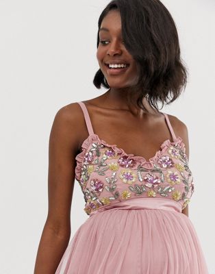 maya cami strap contrast embellished top tulle detail maxi dress in vintage rose