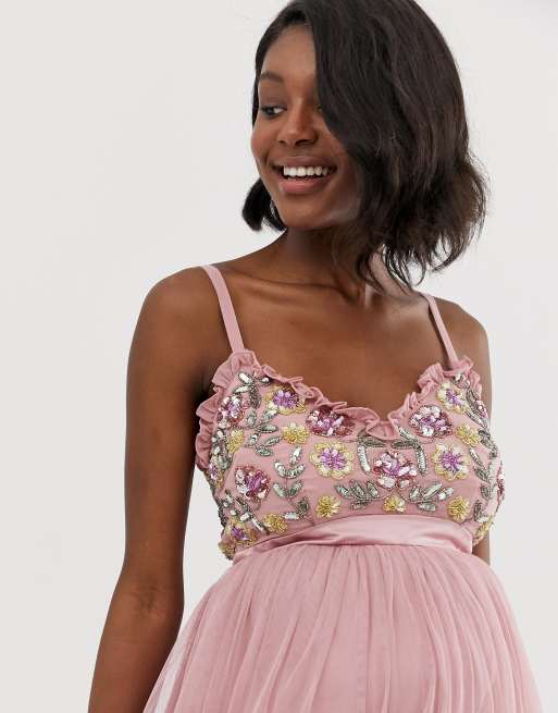 Maya cami strap contrast embellished top hot sale tulle detail maxi dress in vintage rose