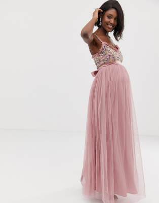maya cami strap contrast embellished top tulle detail maxi dress in vintage rose