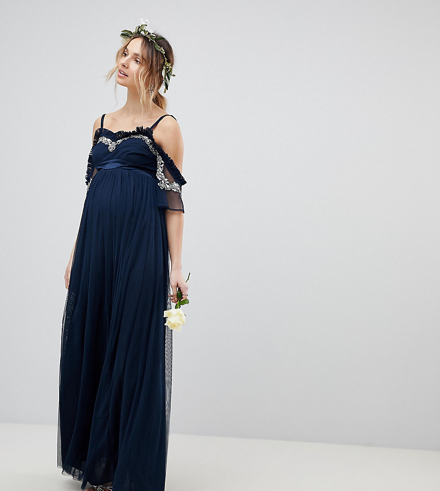 Maya Maternity Cold Shoulder Sequin Detail Tulle Maxi Dress With Ruffle Detail-navy