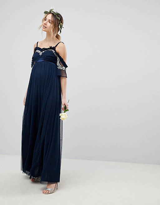Maya Maternity Cold Shoulder Sequin Detail Tulle Maxi Dress With Ruffle ...