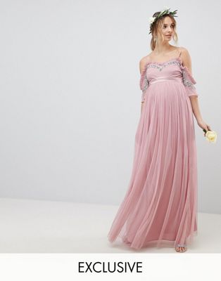 Maya Maternity Cold Shoulder Sequin Detail Tulle Maxi Dress With Ruffle ...