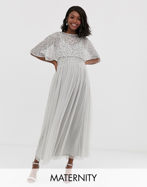 Maya Maternity delicate embellished cape midaxi dress in soft grey