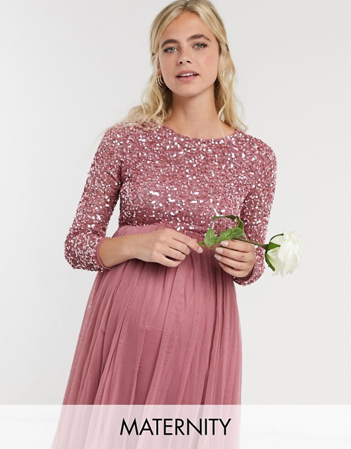 Maya Maternity delicate sequin long sleeve maxi dress with tulle skirt in rose