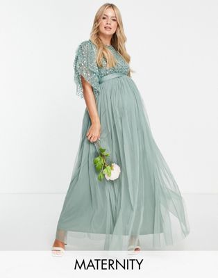 Maya Maternity embellished butterfly sleeve maxi dress in sage tulle