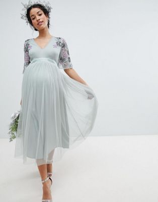 Maya Maternity Embellished Tulle Sleeve Midi Tulle Dress | ASOS