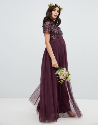 Maya high neck maxi tulle dress 2025 with tonal delicate sequins in berry