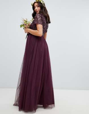 maya high neck maxi tulle dress with tonal delicate sequins in berry