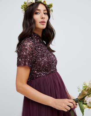maya high neck maxi tulle dress with tonal delicate sequins in berry
