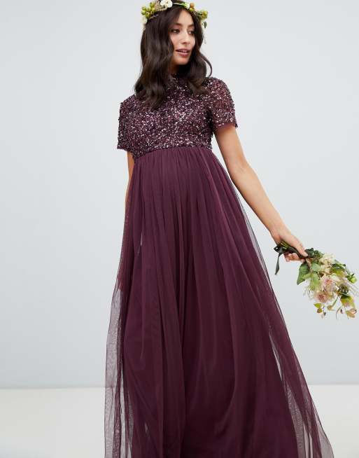 Maya high neck maxi tulle dress shop with tonal delicate sequins in berry