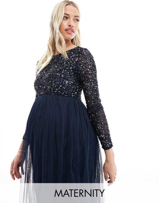 Maya Maternity - Lange bruidsmeisjesjurk met lange mouwen en delicate lovertjes in marineblauw