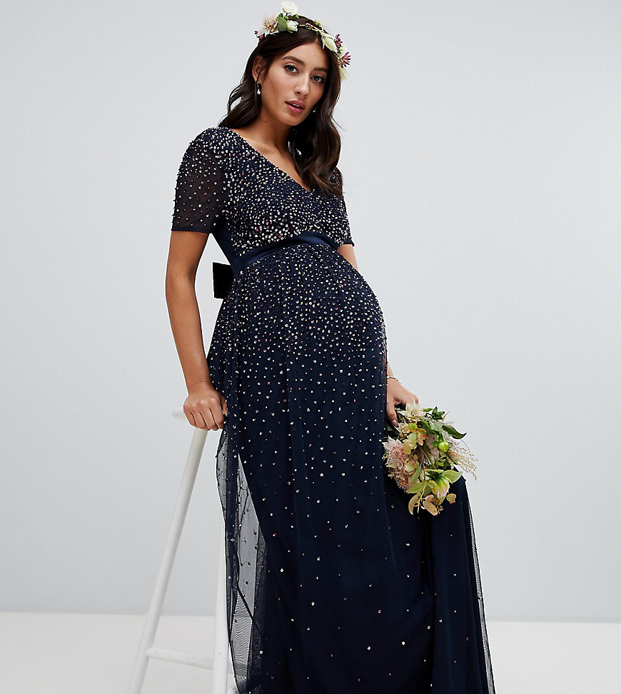Maya Maternity - Lange jurk van tule met V-hals met contrasterende lovertjes in dezelfde kleur in marineblauw