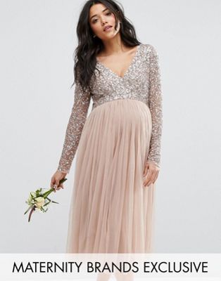Maya Maternity Long Sleeve Midi Dress With Delicate Sequin And Tulle ...