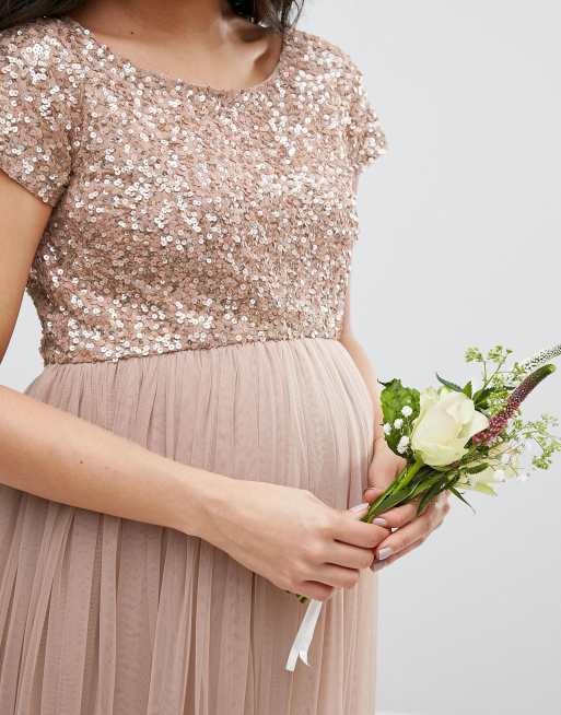 Cream Maya Delluxe Maternity Sequin Sprcial Occasion Maxi Dress