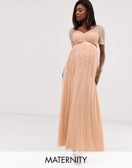 Maya Maternity mesh all over scattered sequin pleated maxi dress